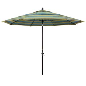 11 ft. Bronze Aluminum Market Patio Umbrella with Collar Tilt Crank Lift in Astoria Lagoon Sunbrella