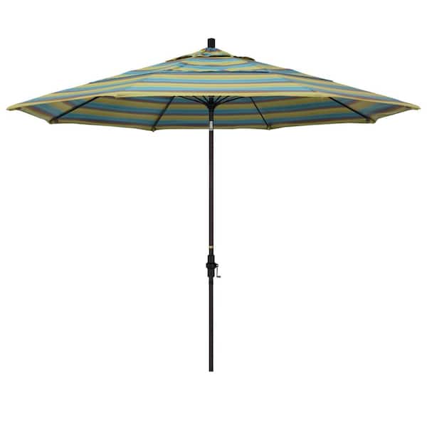 California Umbrella 11 ft. Bronze Aluminum Market Patio Umbrella with Collar Tilt Crank Lift in Astoria Lagoon Sunbrella
