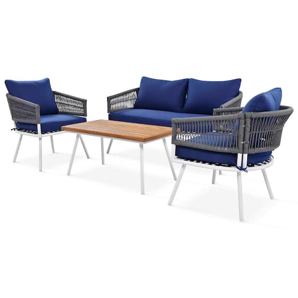 myhomore Furniture Set of 4-Piece Metal Conversation Set with Acacia Wood Table, Patio with Thick Cushion, Navy Blue