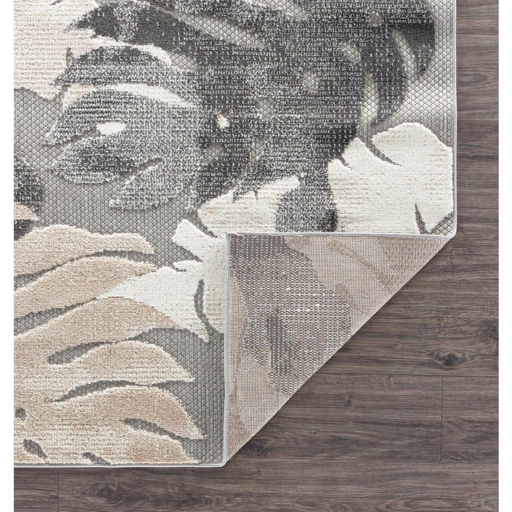 Gray Floral Palm Leaves Synthetic Indoor/Outdoor Runner Rug 2' x 7'