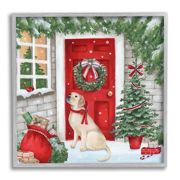 Stupell Industries Dog and Winter Holiday Doorway by Emma Leach 1-Piece Framed Graphic Print Animal Poster Art Print 24 in. x 24 in.
