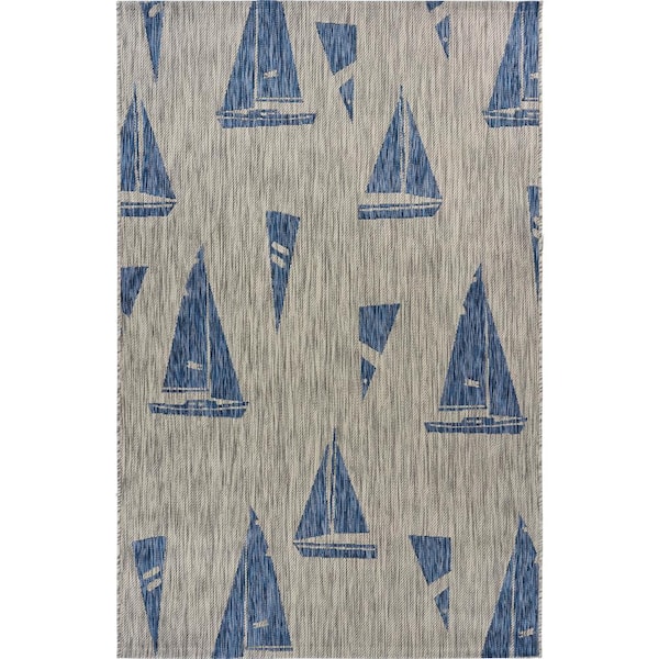 Clover Coastal Gray/Blue 5 ft. x 7 ft. Sails Up Boat Indoor/Outdoor Area Rug