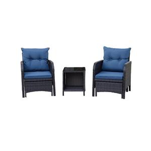 5-Piece Wicker Patio Conversation Set with Blue Cushions, 2 Ottomans and Coffee Table for Poorside Garden