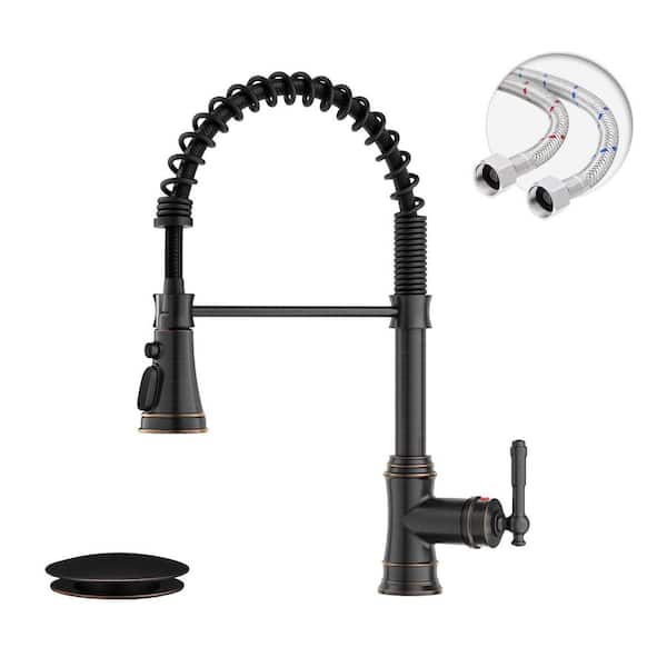 Spring Single Handle Pull-Down Sprayer Kitchen Faucet Deckplate Included in Oil Rubbed Bronze