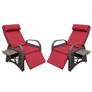 40.2 in. H PE Wicker Outdoor Recliner Adjustable Chair Removable Soft with Red Cushions Ergonomic (Set of 2)