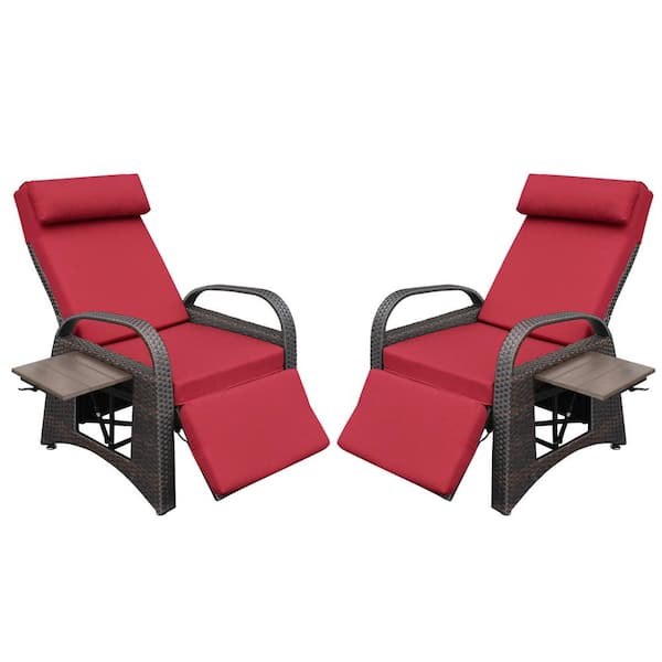 Runesay 40.2 in. H PE Wicker Outdoor Recliner Adjustable Chair Removable Soft with Red Cushions Ergonomic (Set of 2)