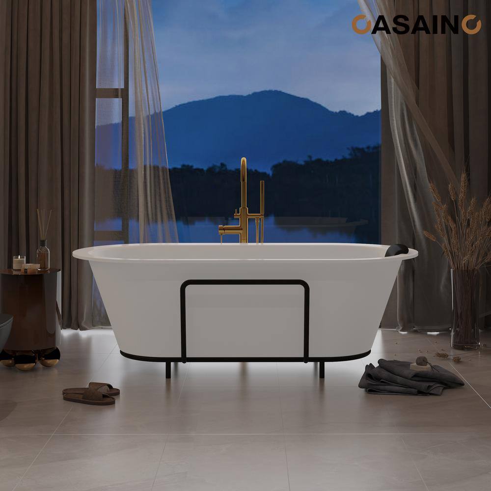 Matte White 67" Freestanding Soaking Bathtub with Black Pillow