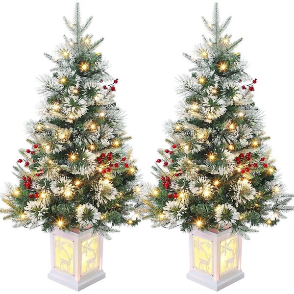 2-Piece 3 ft. Prelit Fiber Artificial Christmas Tree with Red Berry Decorations, Reindeer Base, 78 Warm White Lights