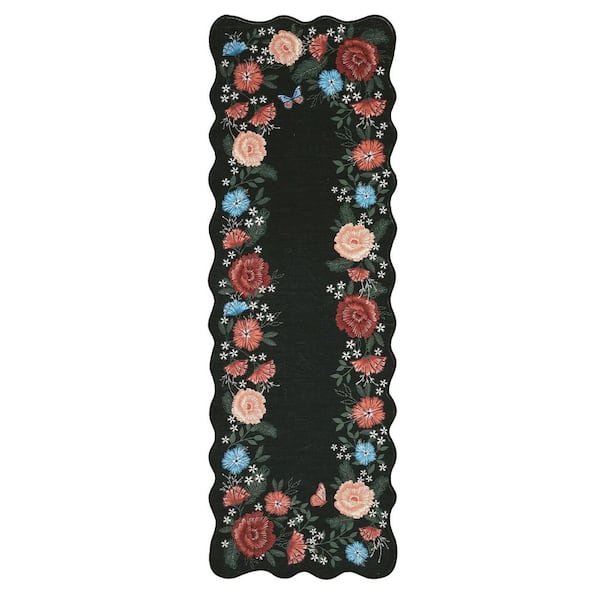 Wavy Edge Decorative Machine Washable Vintage Floral Printed Carpet for Bedroom Apartment Black 2 ft. x 6 ft. Area Rug