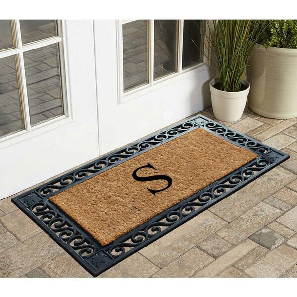 A1hc Welcome Mat Black/Beige 23 in. x 38 in. Rubber and Coir Heavy Duty, Non-Slip Extra Large Double Door Mat