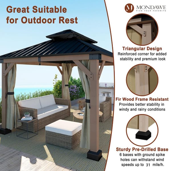 Beverly Hills 10 ft. x 12 ft. Cedar Wood Frame Outdoor Patio Gazebo with Galvanized Steel Double Hardtop and Curtains
