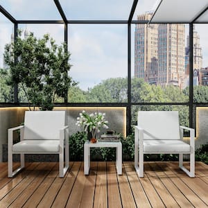 White 3-Piece Metal Patio Conversation Deep Seating Set w/ CushionGuard and Tempered Glass Coffee Table, White Cushions