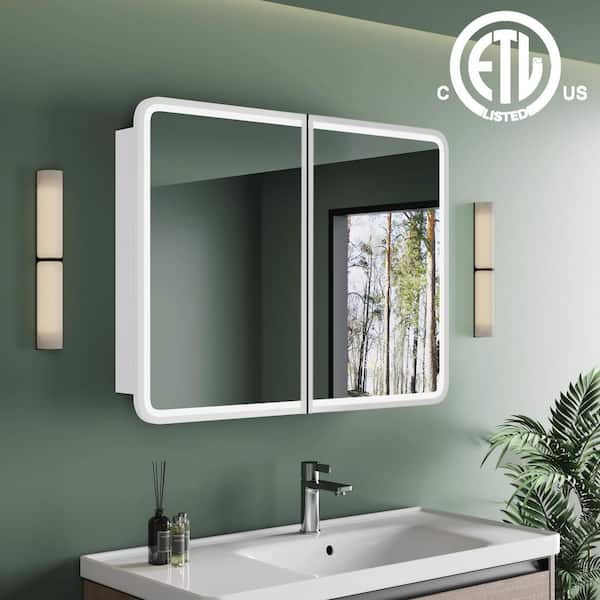 HBEZON Thalia 36 in. W x 30 in. H Rectangular LED Medicine Cabinet with Mirror, Adjustable Shelves, Recessed/Wall Mount, White