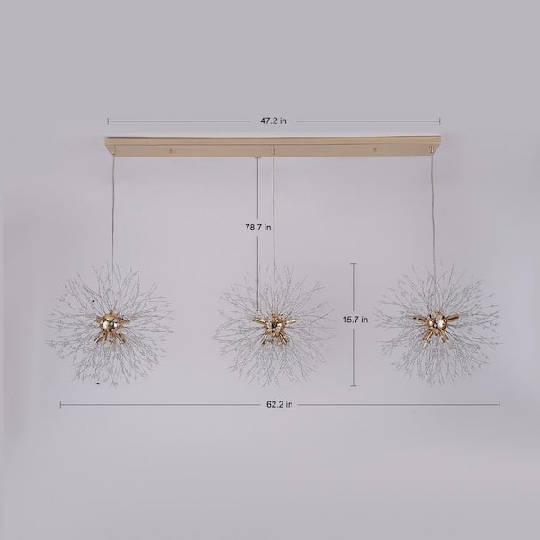 Calzada 24-Light Gold Dandelion Firework Chandelier 3-Globe Kithchen Island Pendant Ceiling Lighting