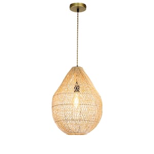 48-Watt 1 Light Natural Wood Color Water Drop Shape Height Adjustable Pendant Light with Rattan Shade, No Bulbs Included