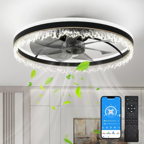 24 in. Integrated LED Indoor Black Low Profile Ceiling Fan with Lights, Flush Mount Smart App Remote Control Ceiling Fan