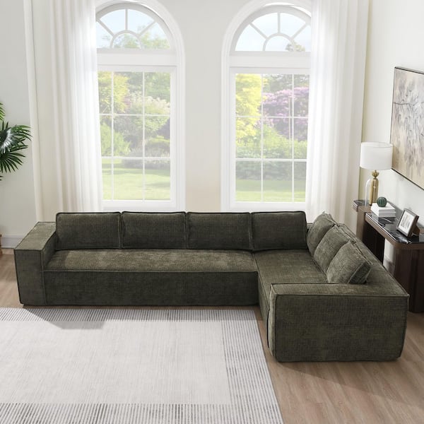 anpport Luxury 129.5 in. W Square Arm 2-Piece L-Shaped Chenille Modular Sectional Sofa in Green, No Assembly Required