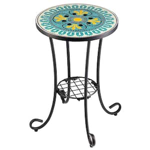 Metal Outdoor Side Table with Ceramic Tile Top and Display Shelf, French