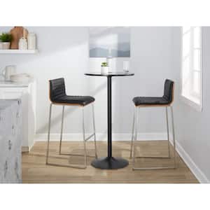 Mason Mara 30.75 in. Black Faux Leather, Walnut Wood and Stainless Steel Metal Bar Stool (Set of 2)