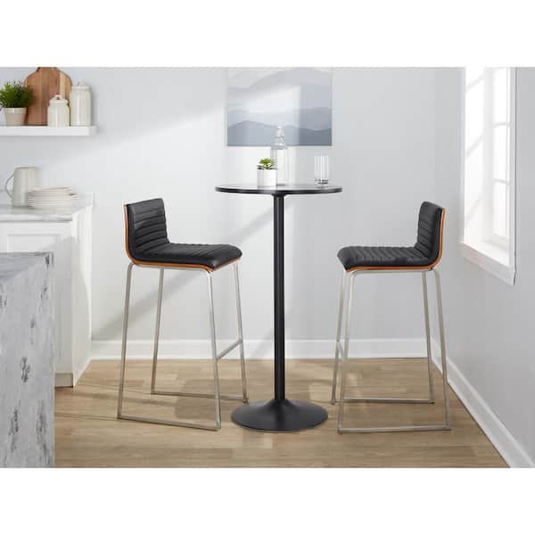 Lumisource Mason Mara 30.75 in. Black Faux Leather, Walnut Wood and Stainless Steel Metal Bar Stool (Set of 2)