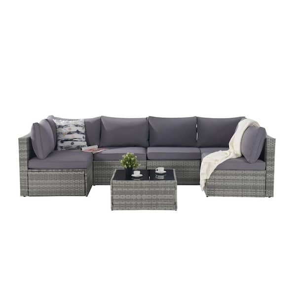 Zeus & Ruta 7-Piece Gray Wicker Outdoor Patio Sectional Sofa Conversation Set with Gray Cushions and 1 Side Table