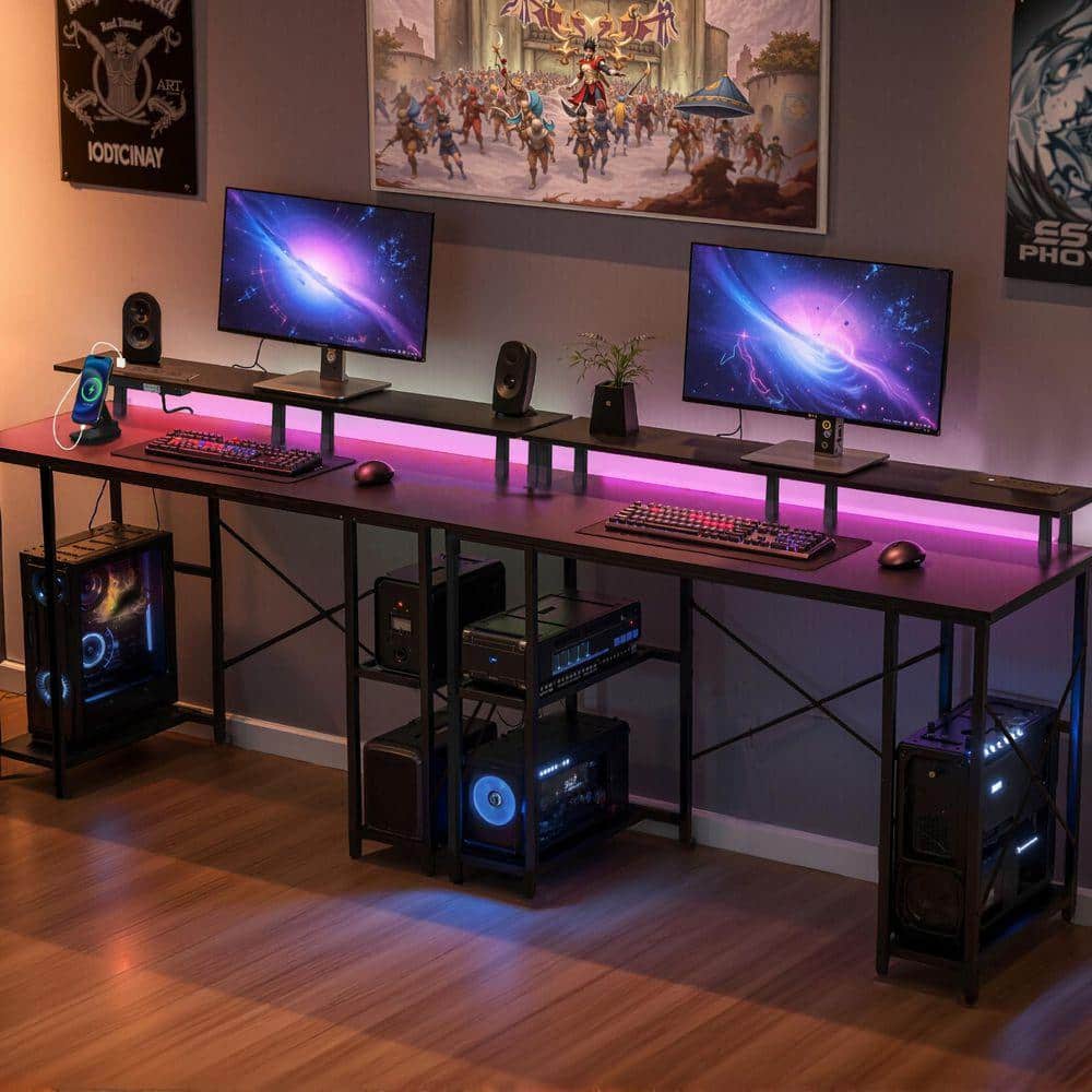 47 in. Gaming Desk with LED Lights and Power Outlets, Computer Desk with Monitor Stand and 2-Tier Storage Sheves, Black