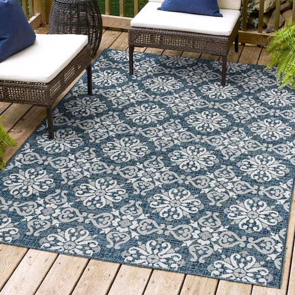 Amora Traditional Mediterranean Tile Design Navy/Cream 3 ft. x 5 ft. Indoor/Outdoor Area Rug