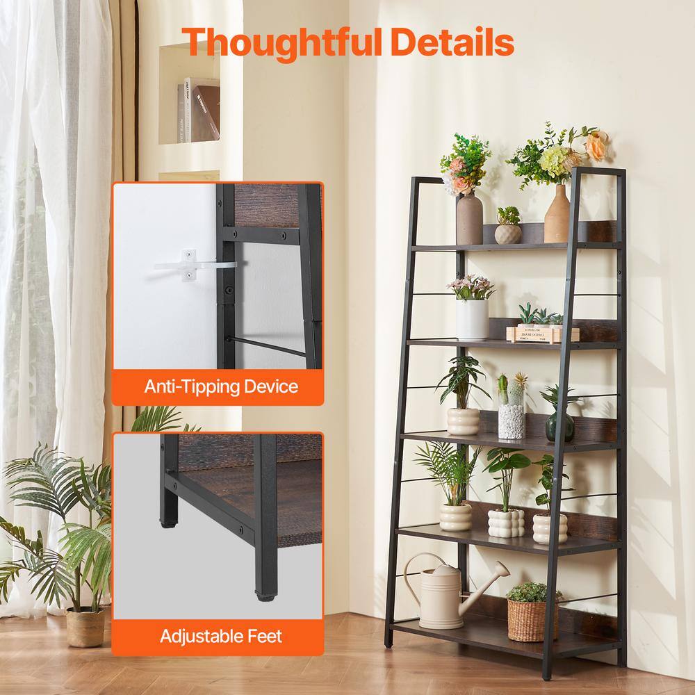 Tall Brown Matte 5-Tier Ladder Metal Bookshelf