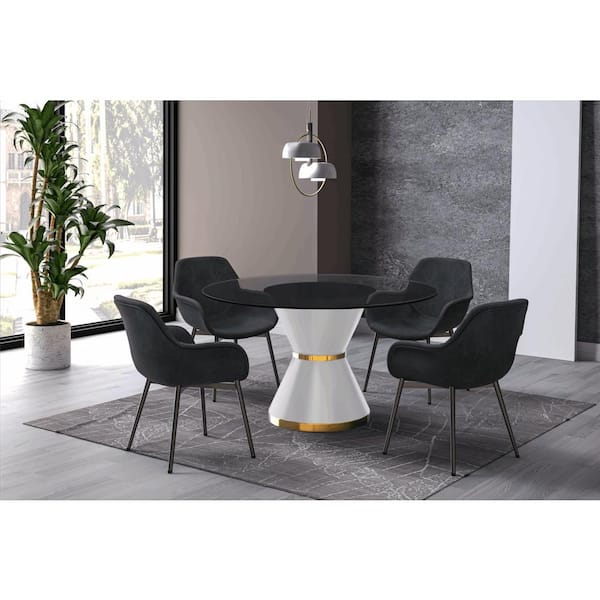 Leisuremod Modern Dining Table with a Round Glass Tabletop in White Steel Seats 6-10 Qorvus Collection in Clear