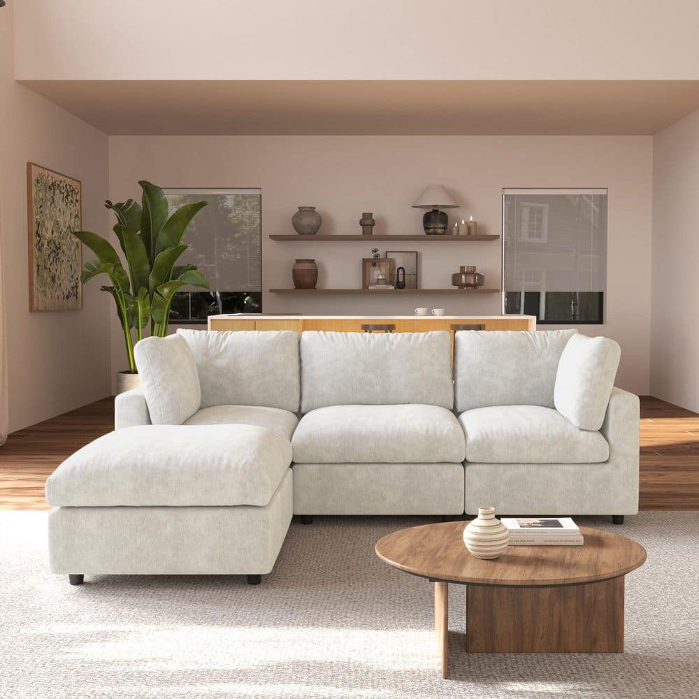 100.5 in. Square Arm Chenille Couch 4-Piece Modular Free Combination Sectional Sofa with Ottoman in. Beige