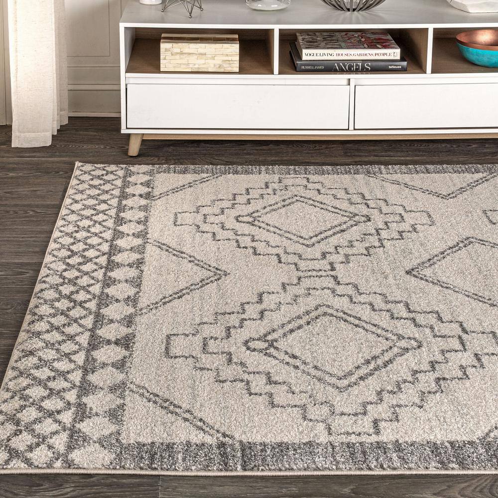 Cream and Gray Geometric Synthetic Square Area Rug