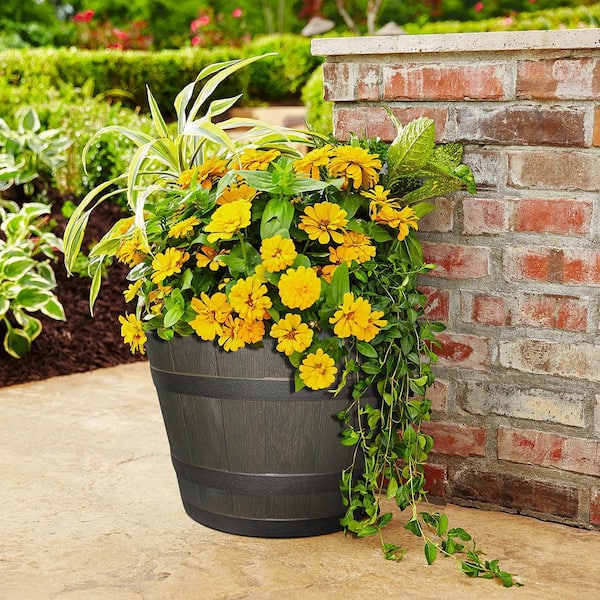 Southern Patio 22 44 In Dia X 14 96 In H Rustic Oak High Density Resin Whiskey Barrel Planter Hdr 023395 The Home Depot