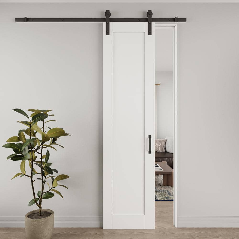 96" White Primed MDF Sliding Barn Door with Black Hardware Kit