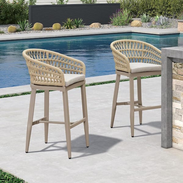 PURPLE LEAF Modern Aluminum Rattan Bar Height Outdoor Bar Stool with Back and Beige Cushion (2-Pack)