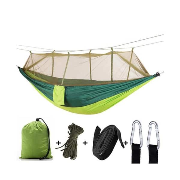Phewnyzo 8.5 ft. Outdoor Portable Nylon Camping Hammock Bed with Storage Bag Mosquito Net Carabiners Rope and Straps in Green