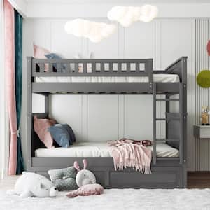 Full Over Full Bunk Bed with Trundle Safety Rail & Ladder, Detachable Wood Full Bunk Bed Frame ，	Gray