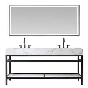 Ecija 72 in. W x 22 in. D x 33.9 in. H Double Sink Bath Vanity in Matte Black with White Cultured Marble Top and Mirror