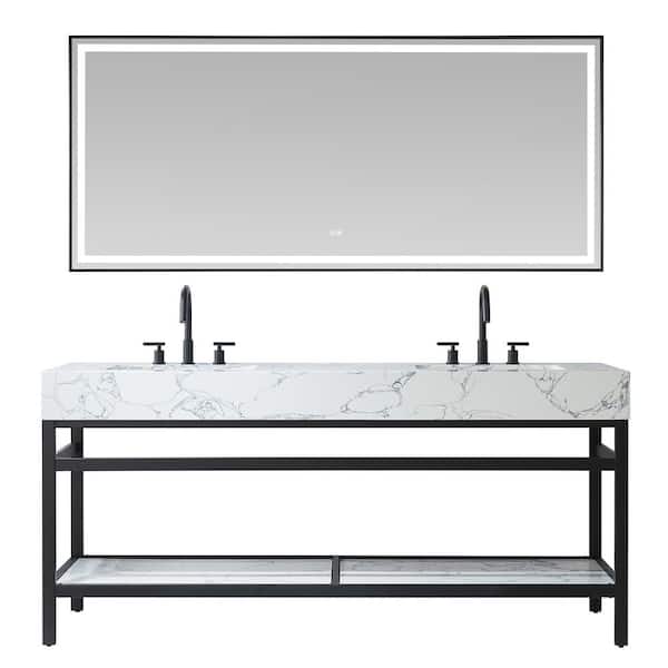 ROSWELL Ecija 72 in. W x 22 in. D x 33.9 in. H Double Sink Bath Vanity in Matte Black with White Engineered Stone Composite Top