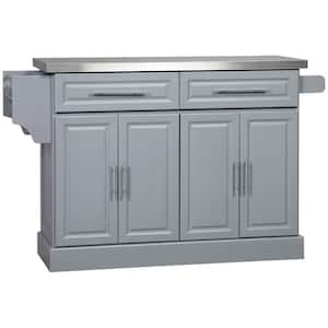 Grey Stainless Steel Top 57 in. Rolling Kitchen Island with Storage
