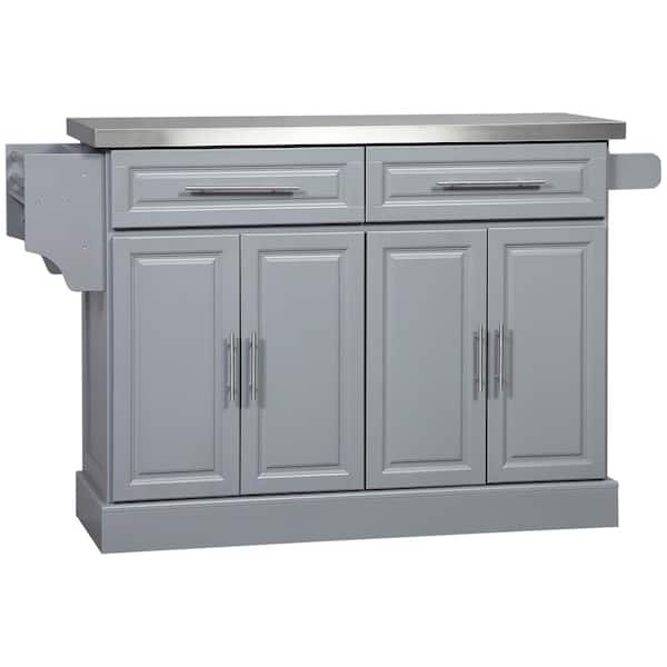 HOMCOM Grey Stainless Steel Top 57 in. Rolling Kitchen Island with Storage