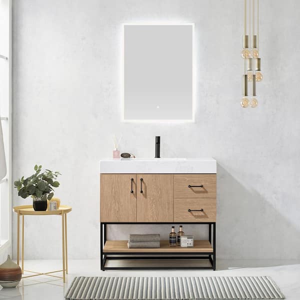 ROSWELL Alistair 36 in. W x 22 in. D x 33.9 in. H Bath Vanity in Oak Finish with White Stone Vanity Top with Mirror