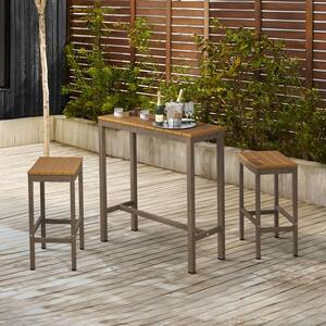 Humphrey 3 Piece 39 in. Teak Alu Outdoor Patio Dining Set Pub Height Bar Table Plastic Top With Bar Stools For Balcony