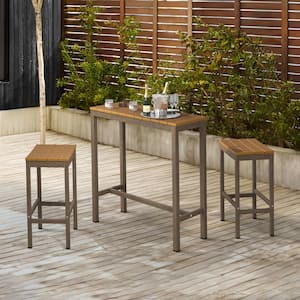 Humphrey 3 Piece 39 in. Teak Alu Outdoor Patio Dining Set Pub Height Bar Table Plastic Top With Bar Stools For Balcony