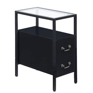 Black End Table Narrow Side Table 2-Drawers & Open Storage Shelf Glass Top Nightstand 19.7 in. L x 11 in. W x 23.6 in. H