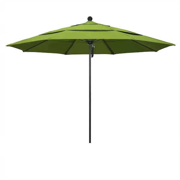 11 ft. Black Aluminum Commercial Market Patio Umbrella with Fiberglass Ribs and Pulley Lift in Macaw Sunbrella
