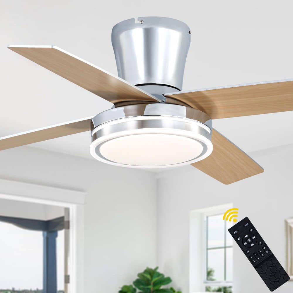 44 in. Chrome Flush Mount Modern Ceiling Fan with Light and Remote, Reversible DC Motor Smart Ceiling Fan price history on PriceWatchPro
