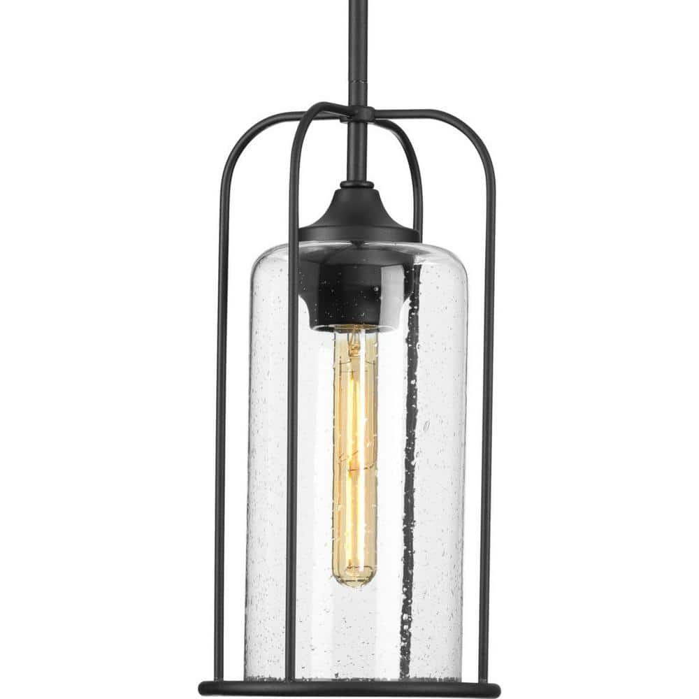 Textured Black Farmhouse Hanging Pendant Lantern with Seeded Glass Shade