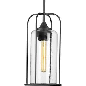 Watch Hill Collection 1-Light Textured Black Clear Seeded Glass Farmhouse Pendant Hanging Lantern Light