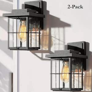 Modern Rustic Square Black Outdoor Sconce with Seeded Glass Shade, 1-Light Wall Lantern For Deck Patio Porch (2-Pack)