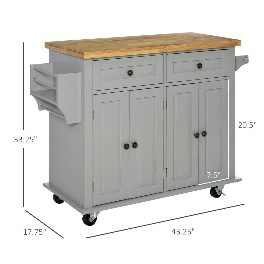 Gray Rolling Kitchen Island Cart with Rubberwood Top and Storage